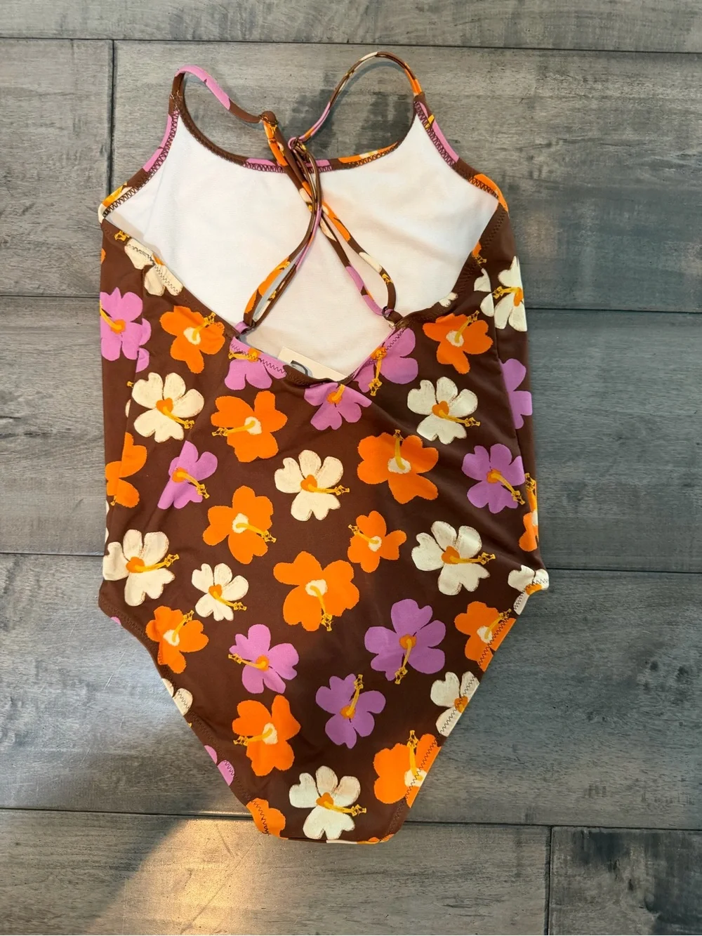 NWT Zara Kids Girls One-Piece Swimsuit Floral Brown Orange & Pink. Size 13-14.